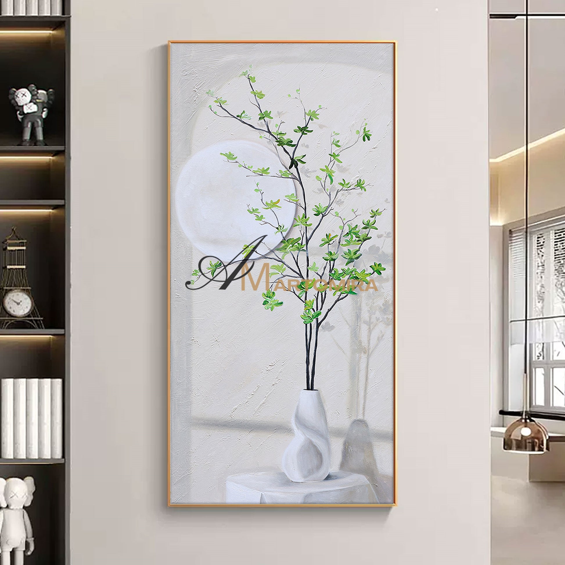 Green And White Wall Art | Flower Vase Painting | Wall Art Decor | Large Acrylic Paint #DF002