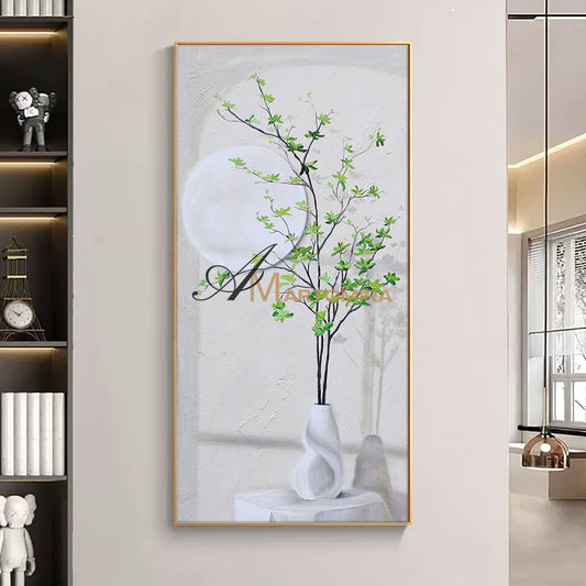 Green And White Wall Art | Flower Vase Painting | Wall Art Decor | Large Acrylic Paint #DF002