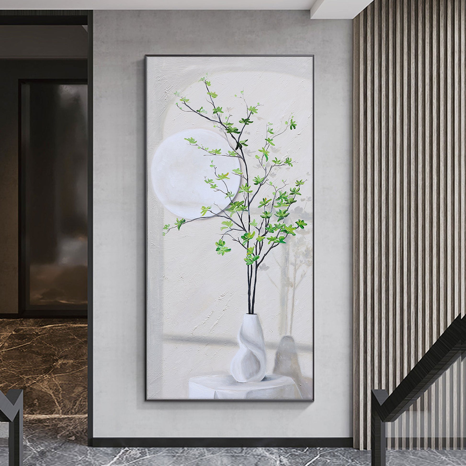 Green And White Wall Art | Flower Vase Painting | Wall Art Decor | Large Acrylic Paint #DF002