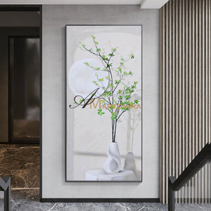 Green And White Wall Art | Flower Vase Painting | Wall Art Decor | Large Acrylic Paint #DF002