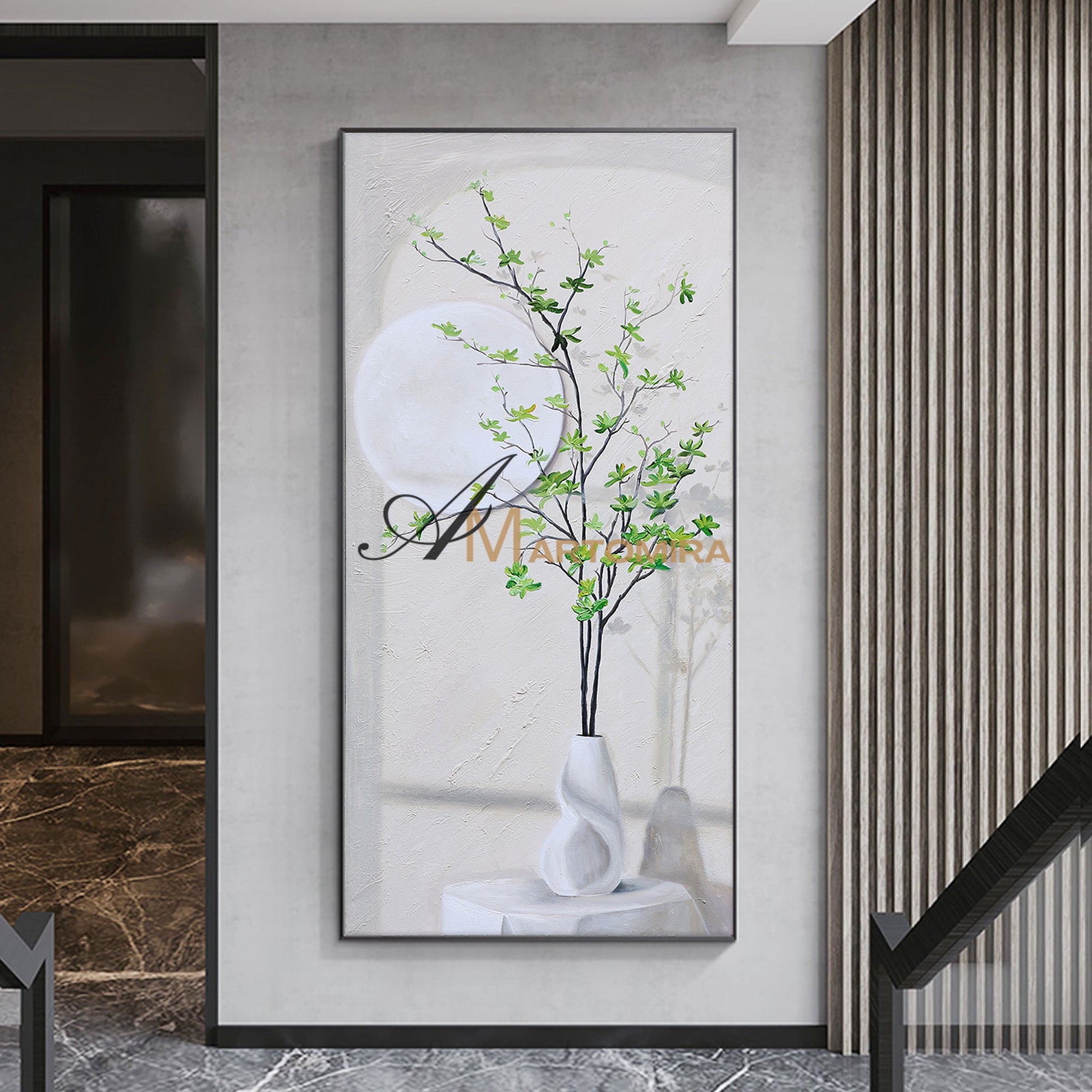 Green And White Wall Art | Flower Vase Painting | Wall Art Decor | Large Acrylic Paint #DF002