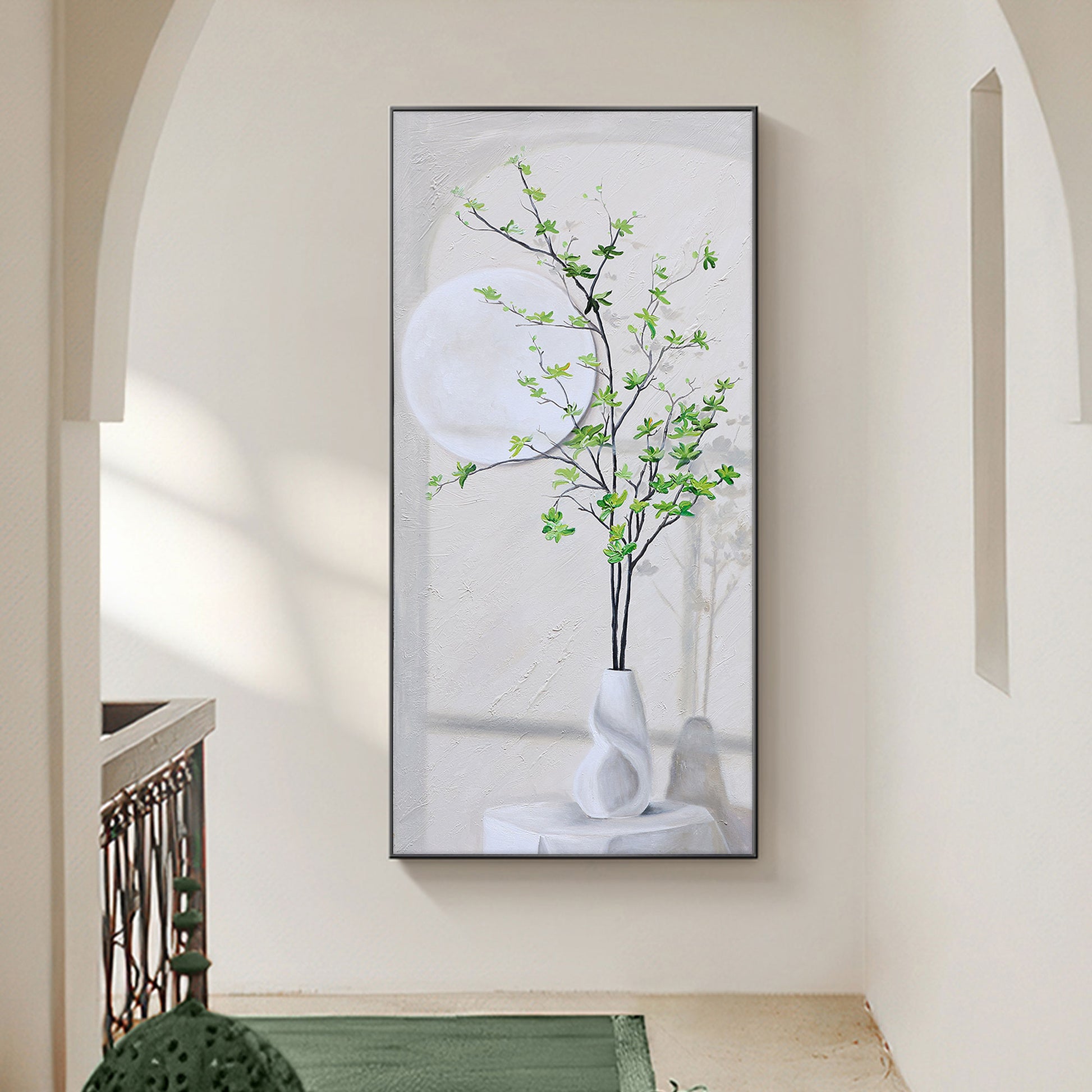 Green And White Wall Art | Flower Vase Painting | Wall Art Decor | Large Acrylic Paint #DF002