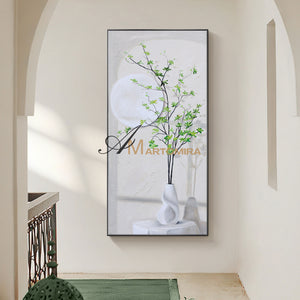 Green And White Wall Art | Flower Vase Painting | Wall Art Decor | Large Acrylic Paint #DF002