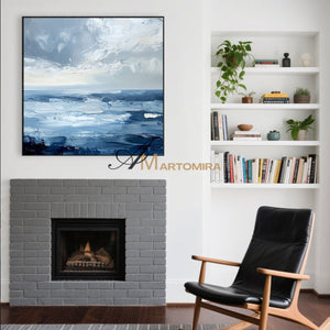 Blue Ocean Paintings | Abstract Paintings Of Waves | Blue White Abstract Painting | Canvas Wall Decor #POS081
