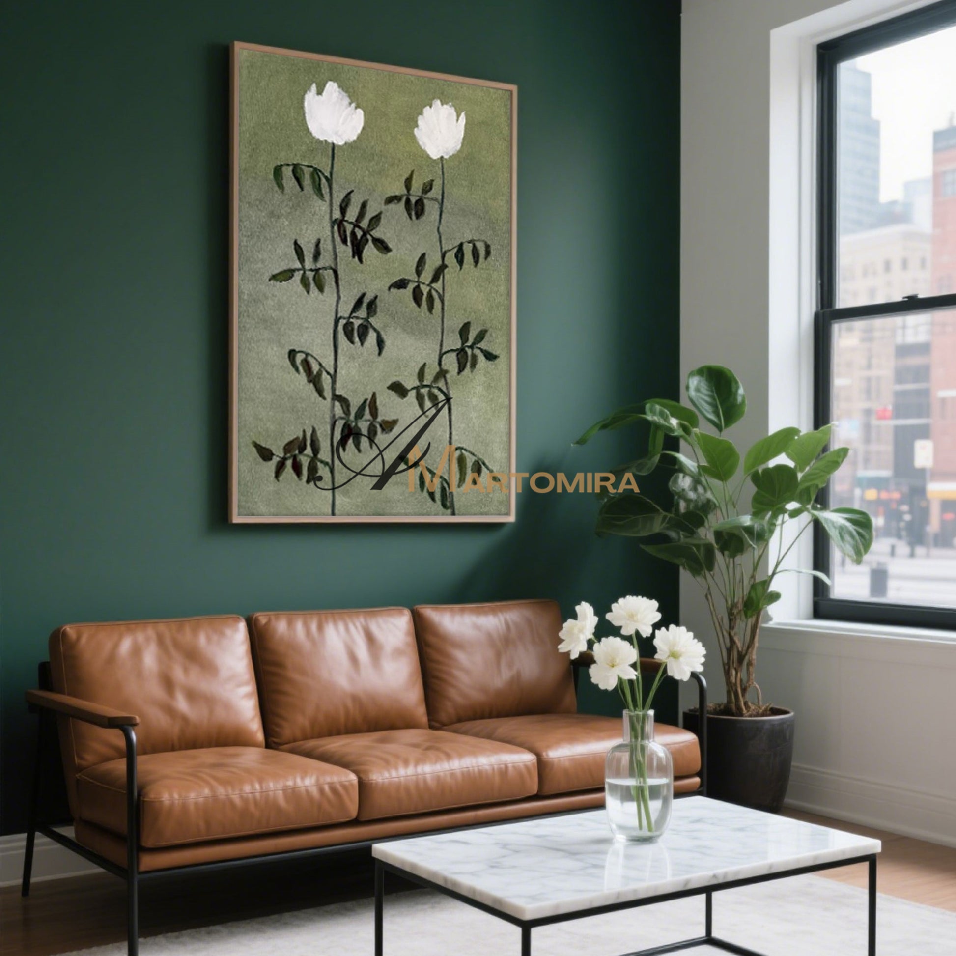 Flower Canvas Painting | Green Wall Art | Flower Paintings On Canvas | Acrylic Paint #MF032