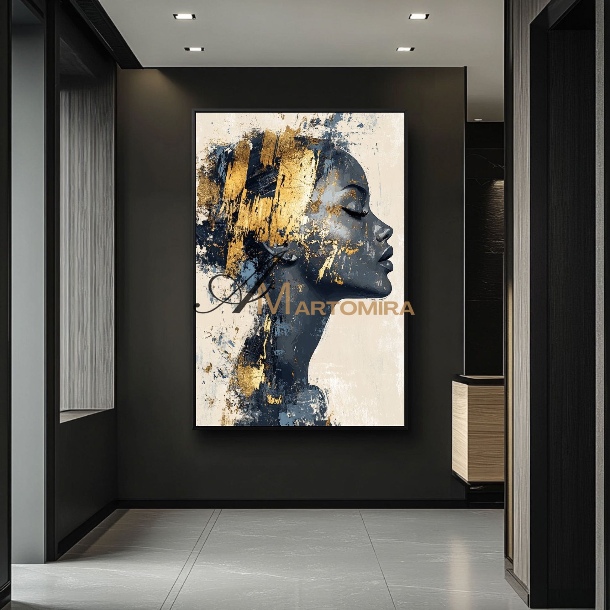 Portrait Painting | Black And Gold Wall Art | Large Canvas Art | Contemporary Wall Art Decor #AP013