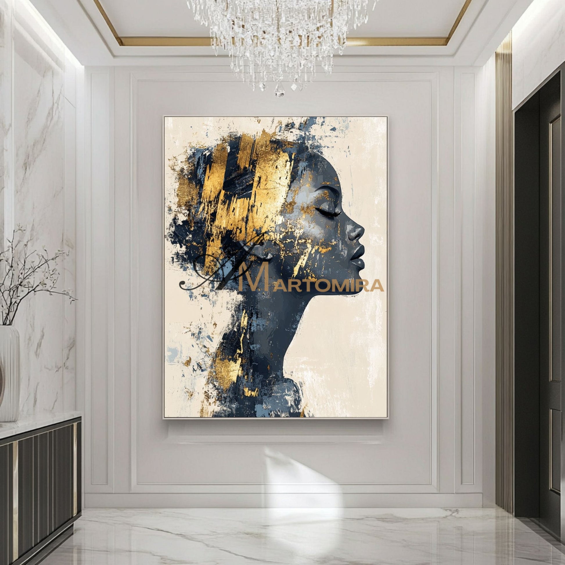 Portrait Painting | Black And Gold Wall Art | Large Canvas Art | Contemporary Wall Art Decor #AP013