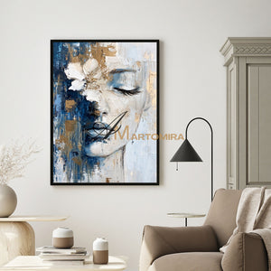 Wall Decorations | Abstract Painting Of Face | Blue And Gold Wall Art | Large Wall Art #AP014