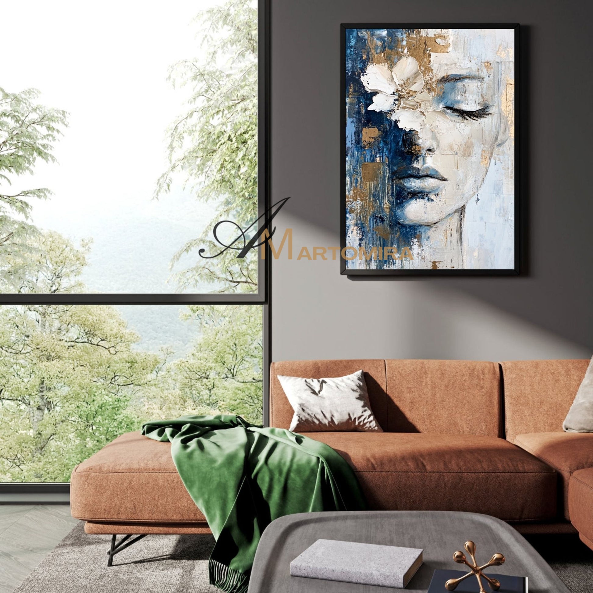 Wall Decorations | Abstract Painting Of Face | Blue And Gold Wall Art | Large Wall Art #AP014