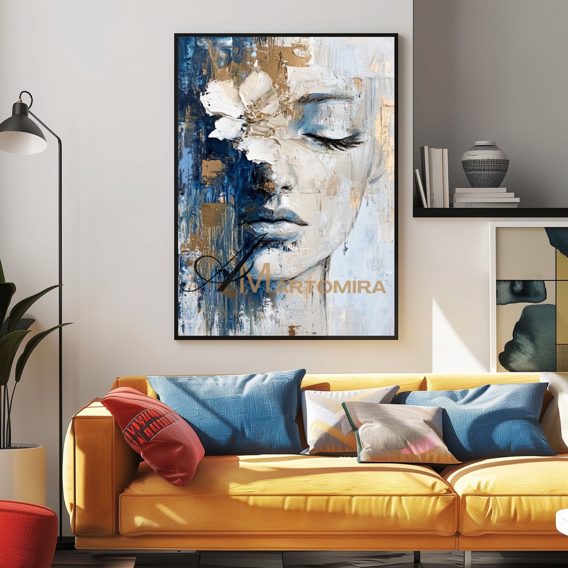 Wall Decorations | Abstract Painting Of Face | Blue And Gold Wall Art | Large Wall Art #AP014