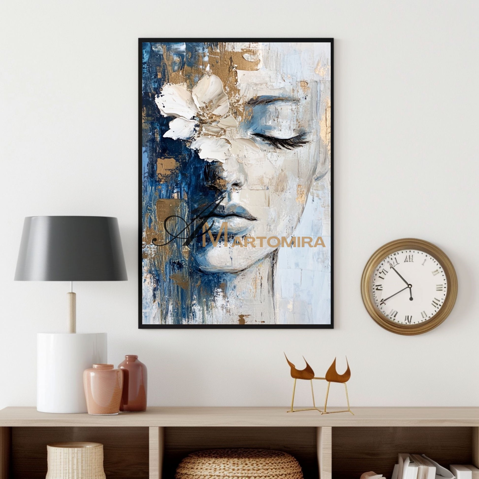 Wall Decorations | Abstract Painting Of Face | Blue And Gold Wall Art | Large Wall Art #AP014