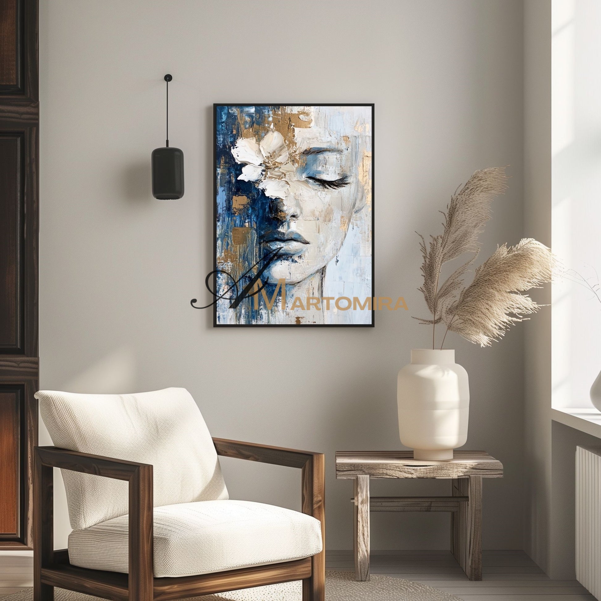 Wall Decorations | Abstract Painting Of Face | Blue And Gold Wall Art | Large Wall Art #AP014