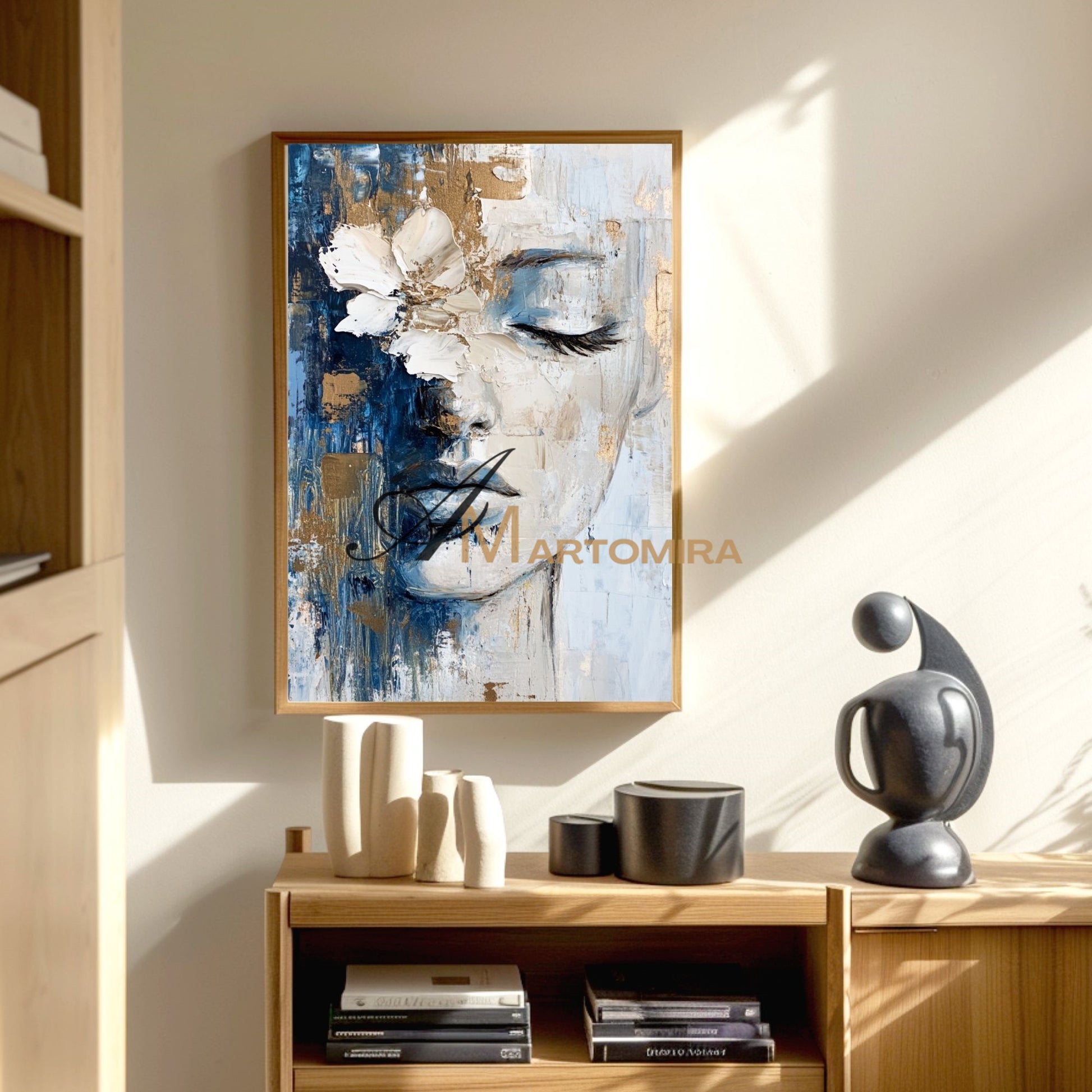 Wall Decorations | Abstract Painting Of Face | Blue And Gold Wall Art | Large Wall Art #AP014