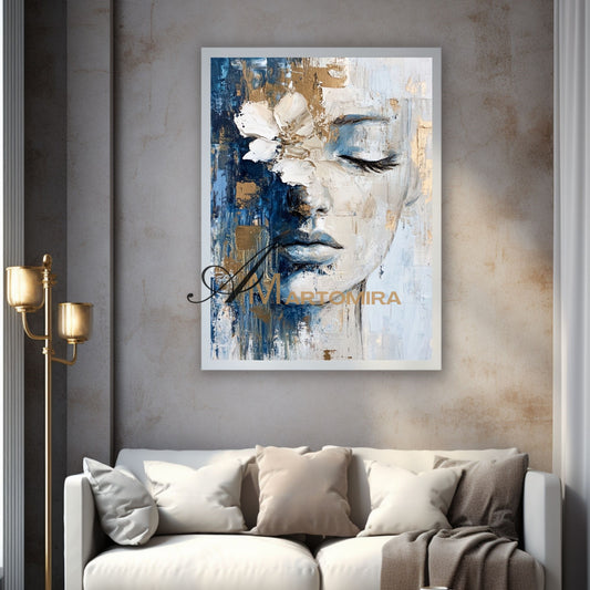 Wall Decorations | Abstract Painting Of Face | Blue And Gold Wall Art | Large Wall Art #AP014