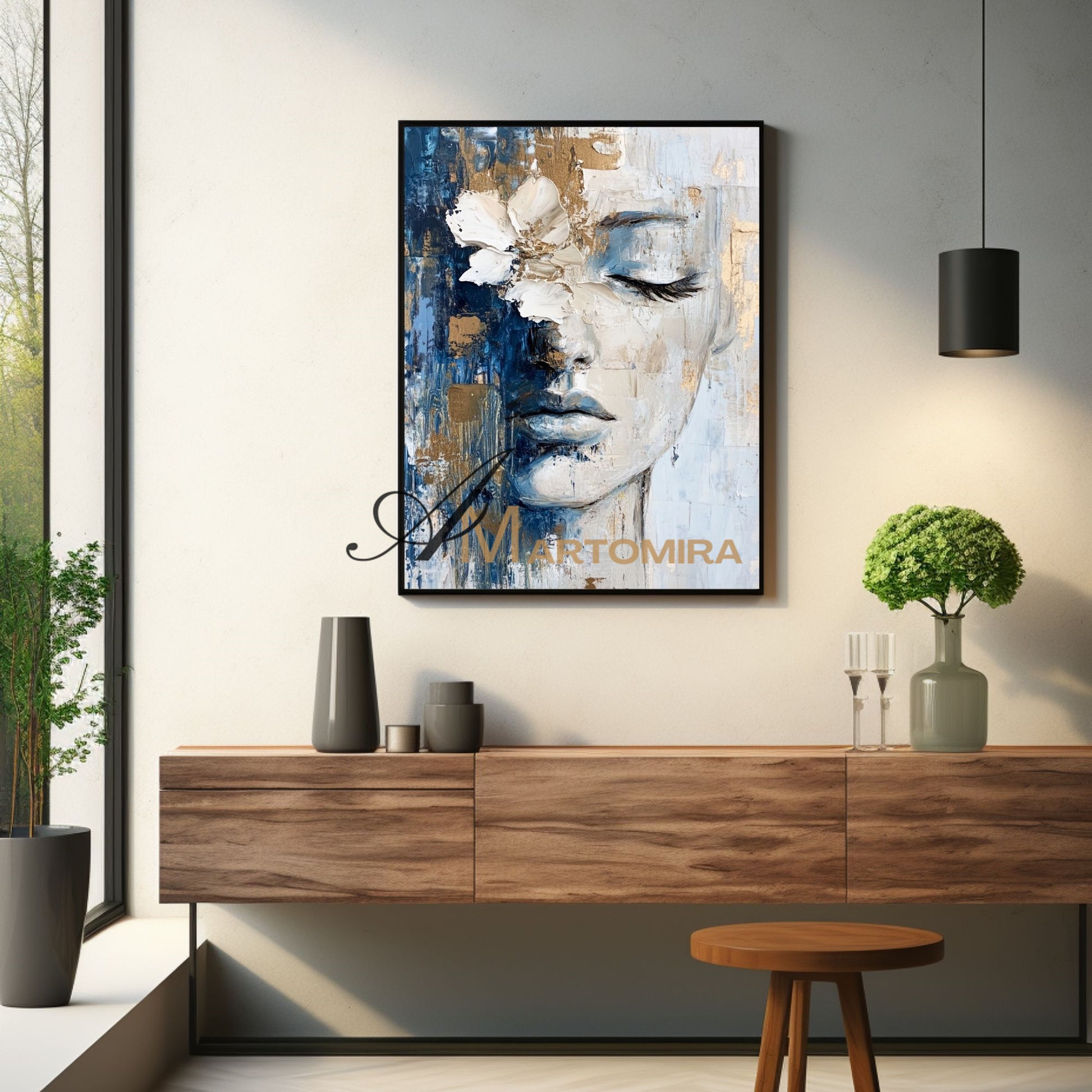 Wall Decorations | Abstract Painting Of Face | Blue And Gold Wall Art | Large Wall Art #AP014