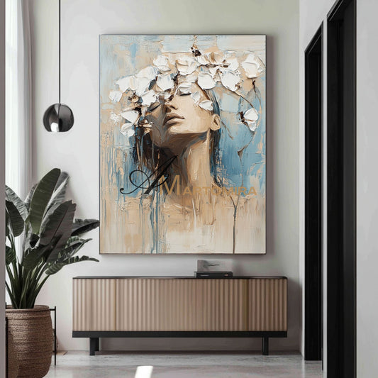 Abstraktes Gemälde einer Frau | Wandbild in Blau und Weiß | Abstraktes Gemälde | Großes Leinwandbild #AP015