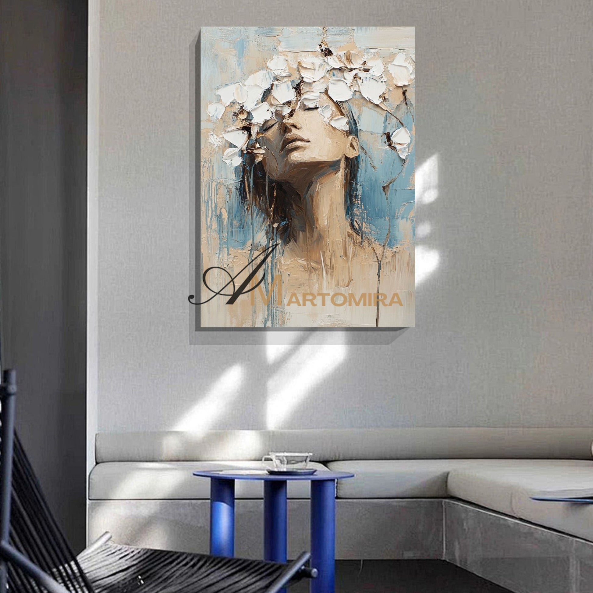 Abstract Woman Painting | Blue And White Wall Art | Abstract Painting | Large Canvas Art #AP015