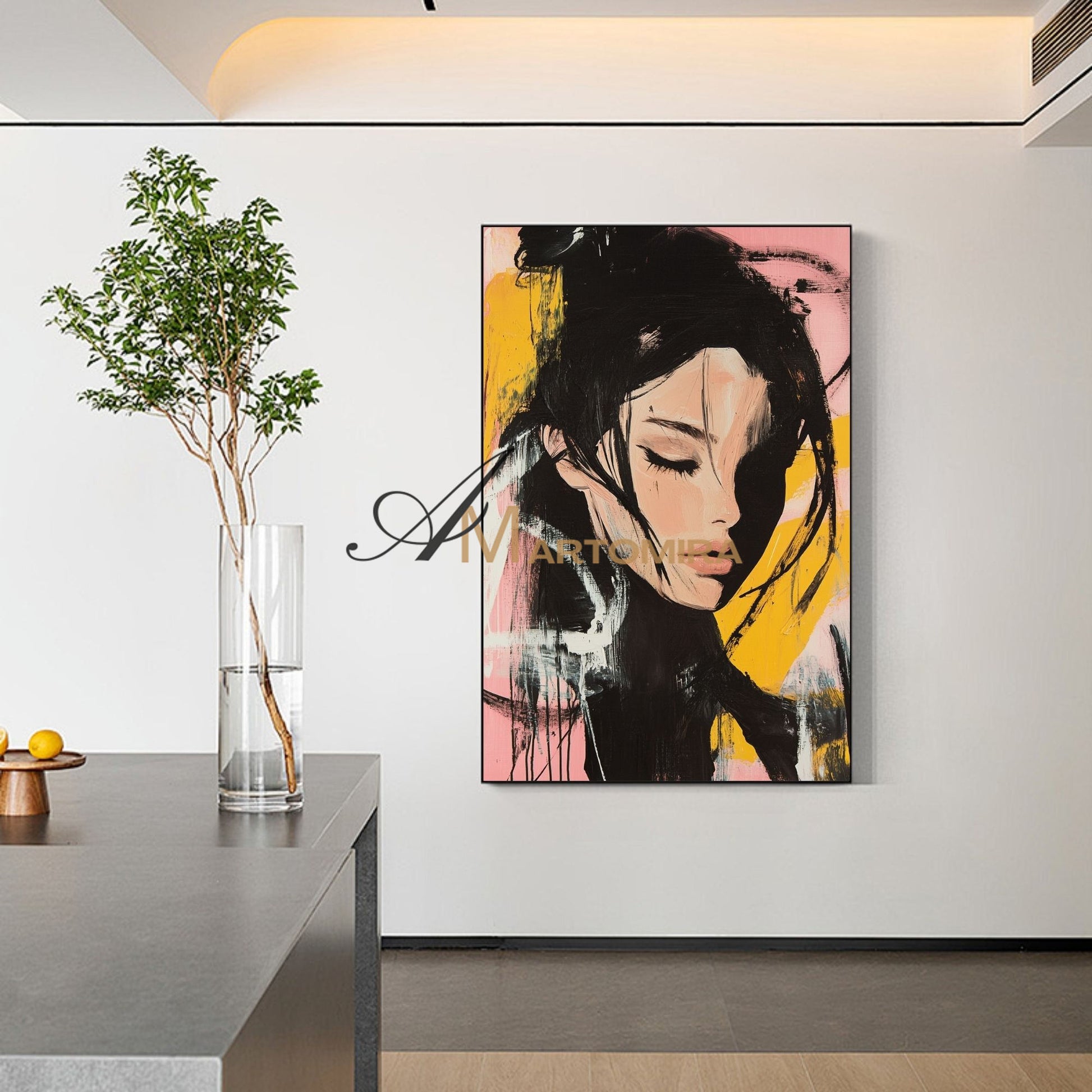 Abstract Portrait | Pink And Black Wall Art | Beautiful Woman Painting | Large Wall Art #AP017