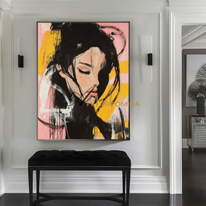 Abstract Portrait | Pink And Black Wall Art | Beautiful Woman Painting | Large Wall Art #AP017