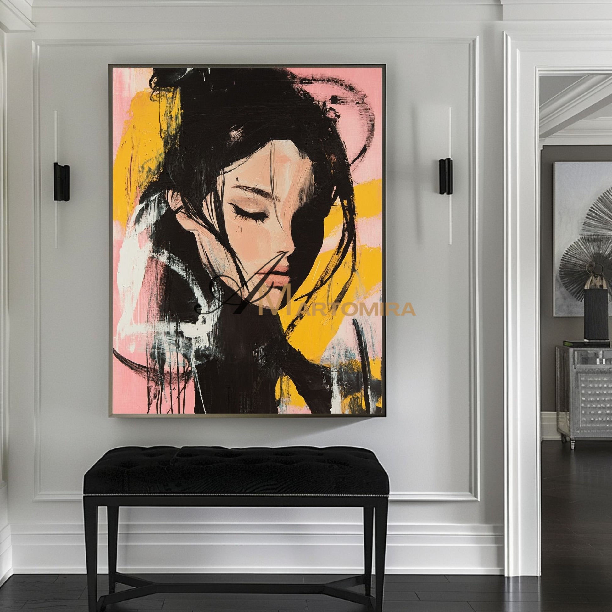Abstract Portrait | Pink And Black Wall Art | Beautiful Woman Painting | Large Wall Art #AP017