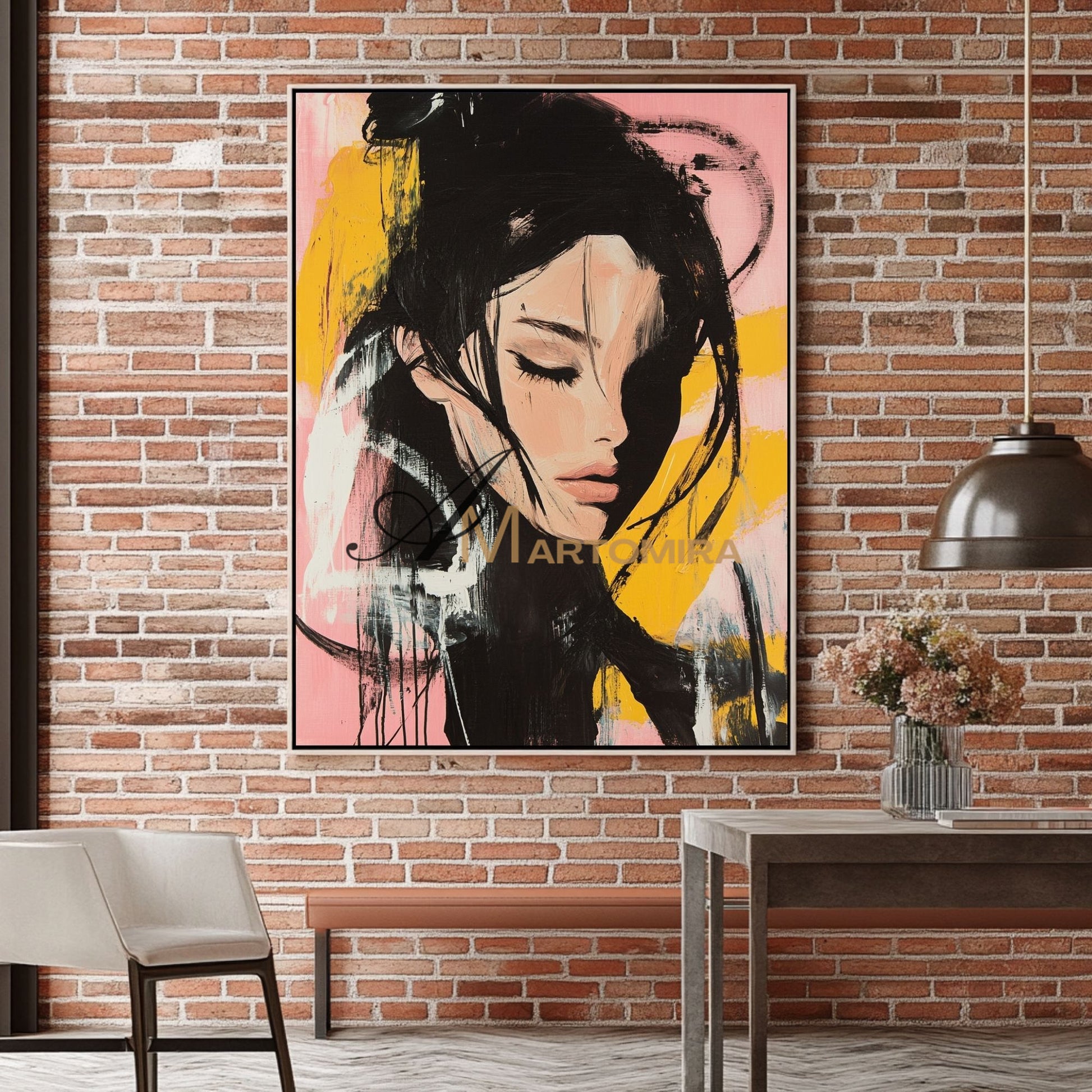 Abstract Portrait | Pink And Black Wall Art | Beautiful Woman Painting | Large Wall Art #AP017