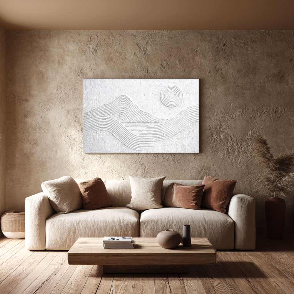 Minimalist White Textured Abstract Mountain Sun Line Landscape Framed Wall Art for Modern Contemporary Home Office Decor