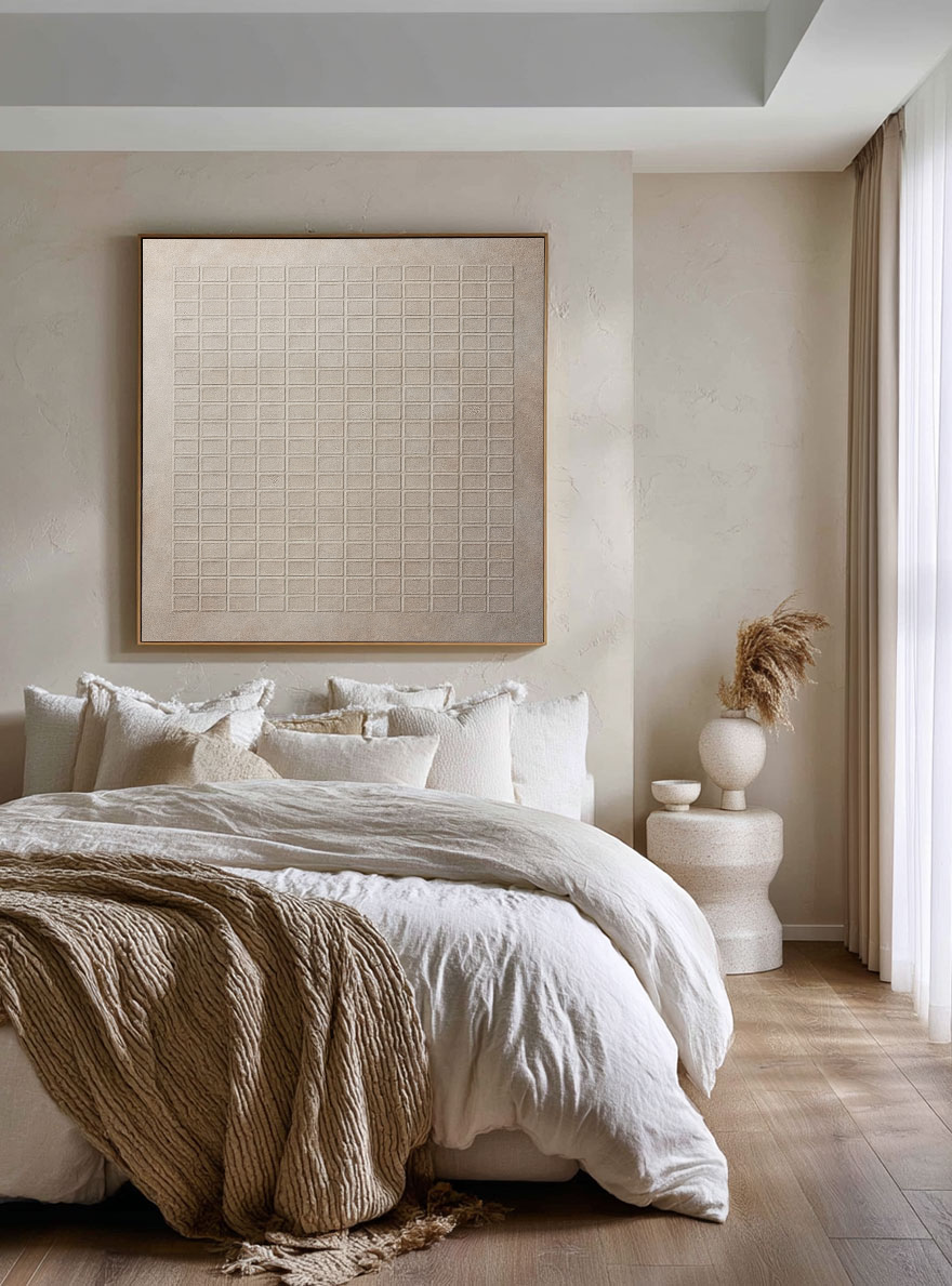 Minimalist Beige Grid Textured Abstract Wall Art Neutral Modern Decor for Contemporary Home Office Living Room Bedroom