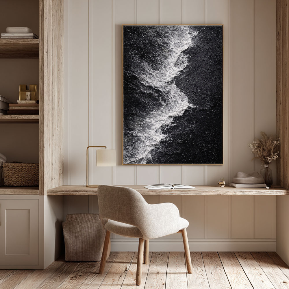 Black and White Abstract Ocean Wave Textured Canvas Wall Art Modern Minimalist Coastal Scene Artwork for Living Room Bedroom Office Hallway Dining Room
