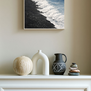 Black Sand Beach Ocean Wave Textured Coastal Landscape Wall Art Abstract Thick Paint Impasto Framed Artwork for Living Room Bedroom