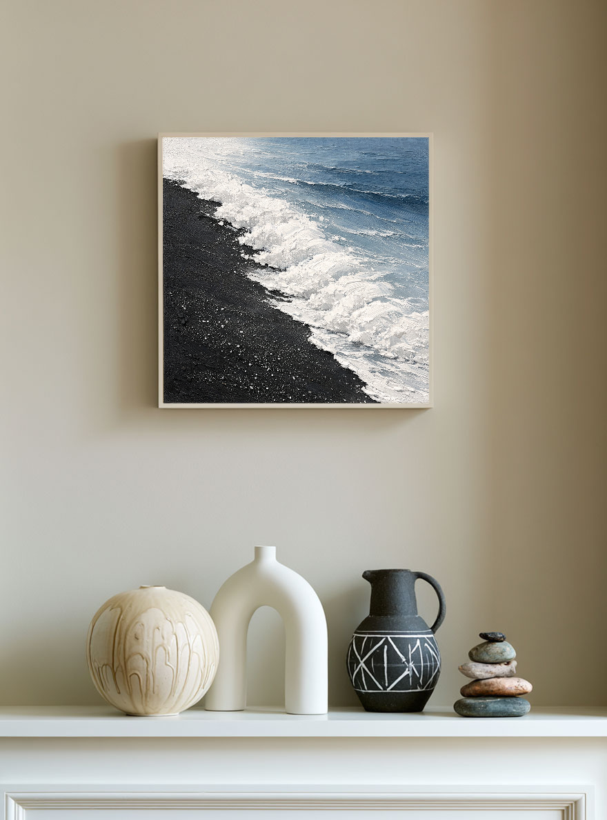 Black Sand Beach Ocean Wave Textured Coastal Landscape Wall Art Abstract Thick Paint Impasto Framed Artwork for Living Room Bedroom