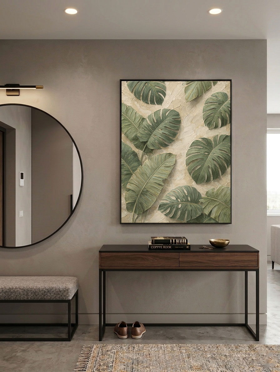 Tropical Green Monstera Banana Leaves Textured Impasto Wall Art for Living Room, Neutral Beige Background Large Botanical Painting, Modern Minimalist Plant Canvas Artwork for Bedroom Dining Room Office Hallway Home Decor