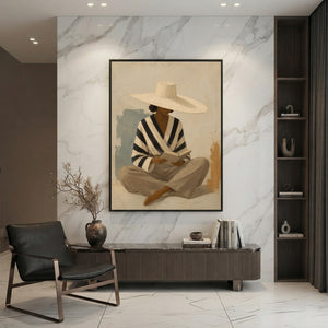 Seated Serenity: Reading Woman with Wide-Brim Hat in a contemporary living room