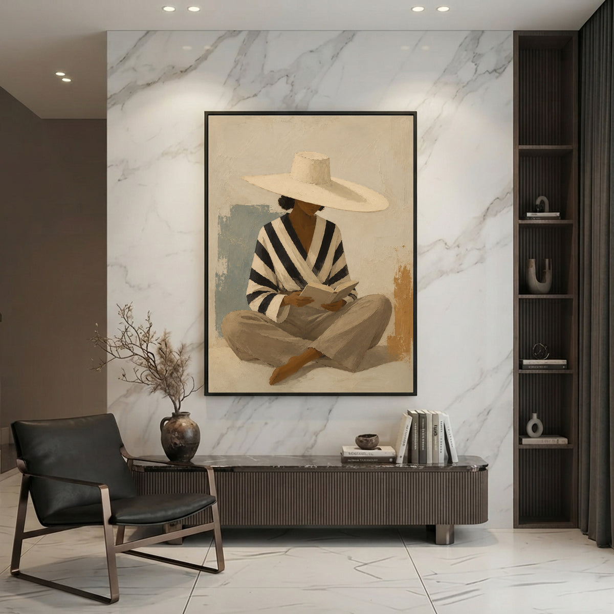Seated Serenity: Reading Woman with Wide-Brim Hat in a contemporary living room