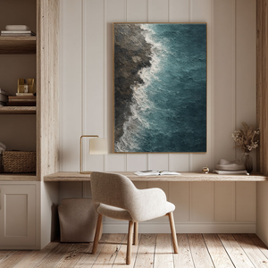 Abstract Textured Ocean Shore Wall Art Blue Brown White Waves Coastal Seaside Thick Knife Brush Impasto Painting for Home Decor Living Room Bedroom Dining Room Office Hallway