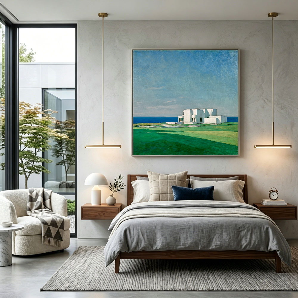 Coastal Minimalist White Villa Landscape Wall Art Blue Ocean Green Lawn Canvas Decor for Modern Home Living Room Bedroom Office