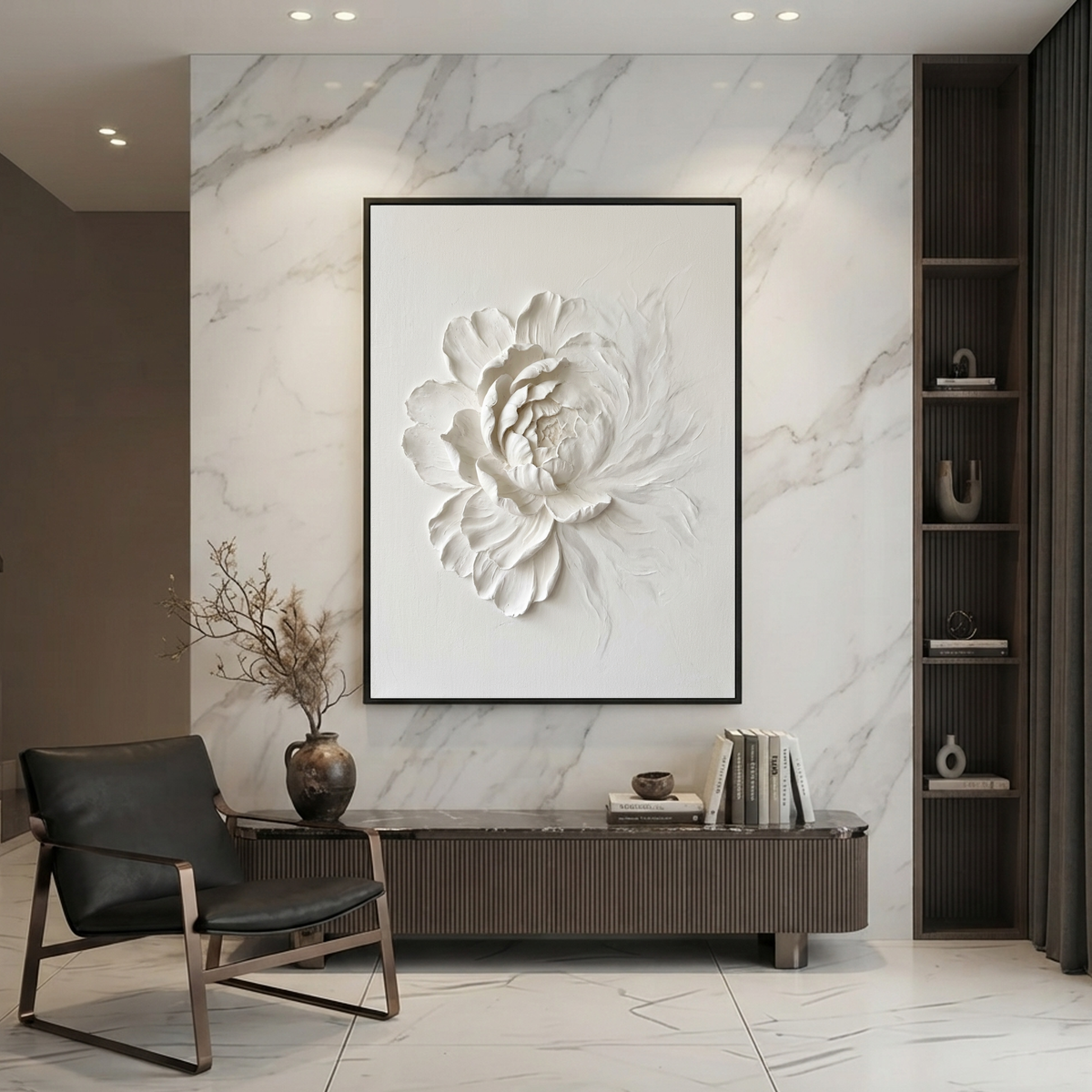 White Flower 3D Relief Textured Vertical Wall Art for Living Room Bedroom