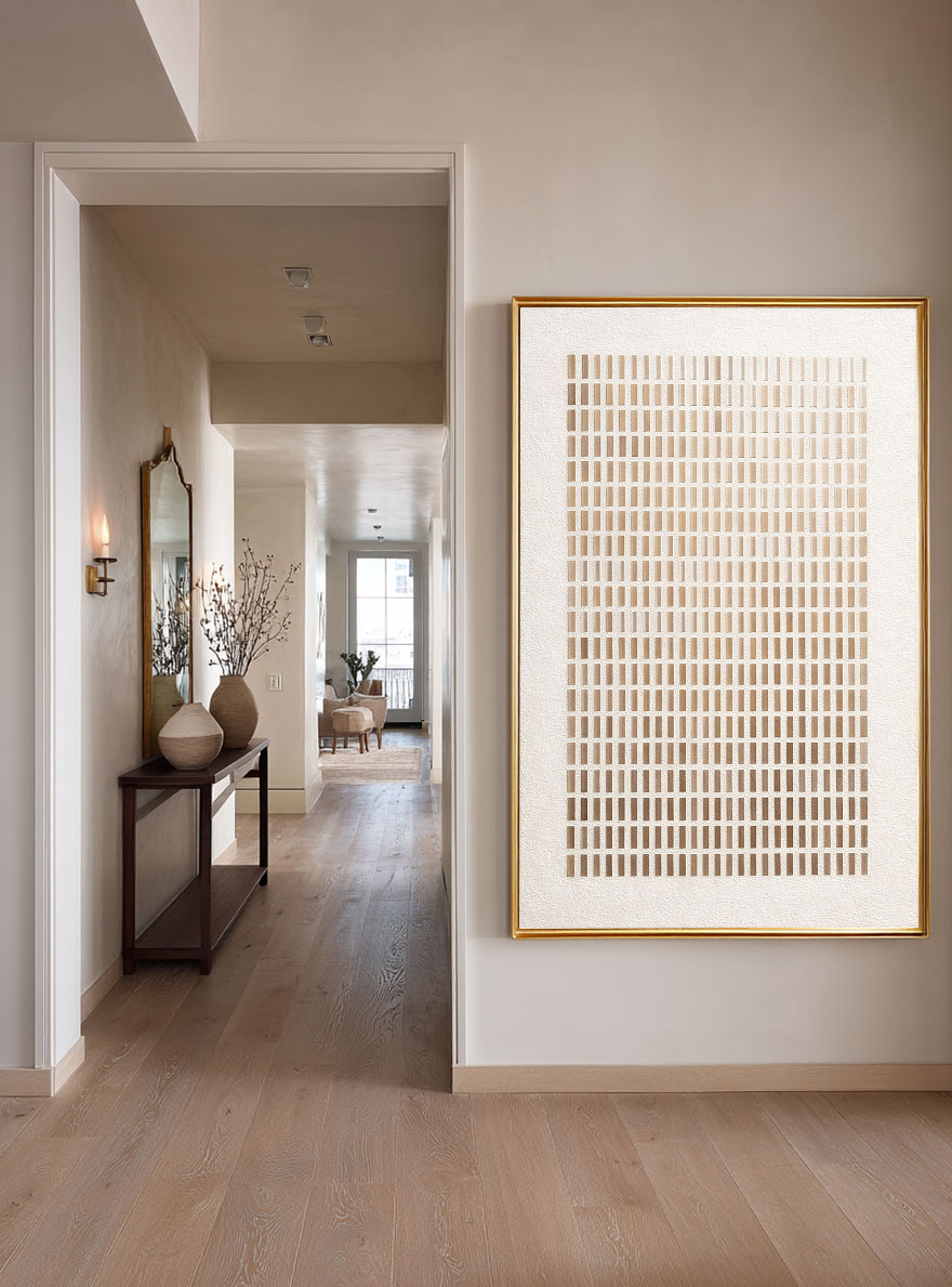 Minimalist Abstract Geometric Beige White Gradient Line Grid Textured Canvas Wall Art Neutral Tone Modern Home Office Living Room Decor#TW187