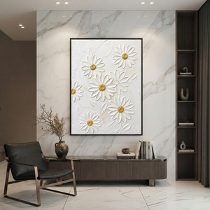 White and Gold Flower and Tree Textured Acrylic-Style 3D Relief Vertical Wall Art for Living Room Bedroom