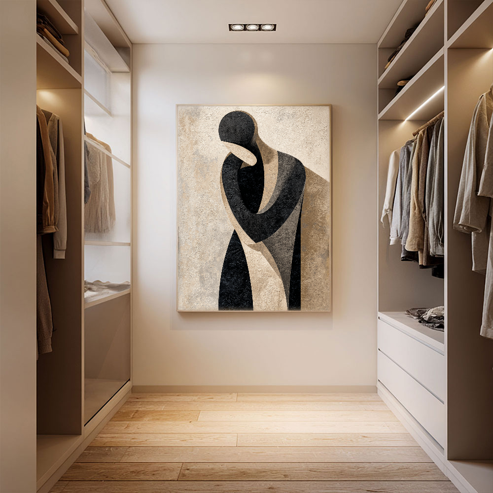 Modern Abstract Geometric Portrait Black Beige Medium Grey Figure Textured Canvas Wall Art Neutral Minimalist Figurative Artwork for Home Office Living Room Bedroom Decor