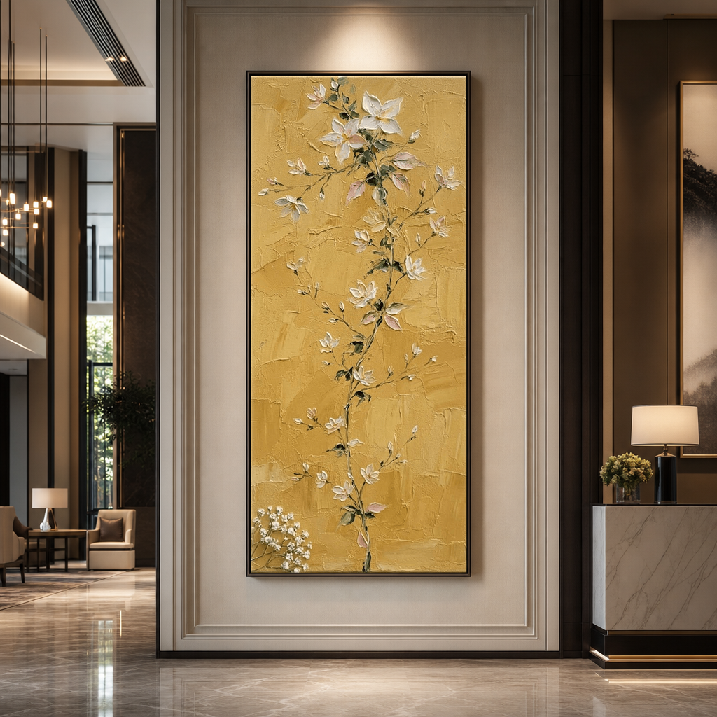 Golden Mustard Floral Vine with Impasto Texture in hallway