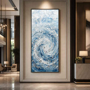 Modern Abstract Blue White Textured Ocean Swirl Impasto Wall Art Coastal Framed Canvas Painting for Living Room Bedroom Office Hallway Dining Room Thick Knife Brush Marks Relaxing Nautical Decor
