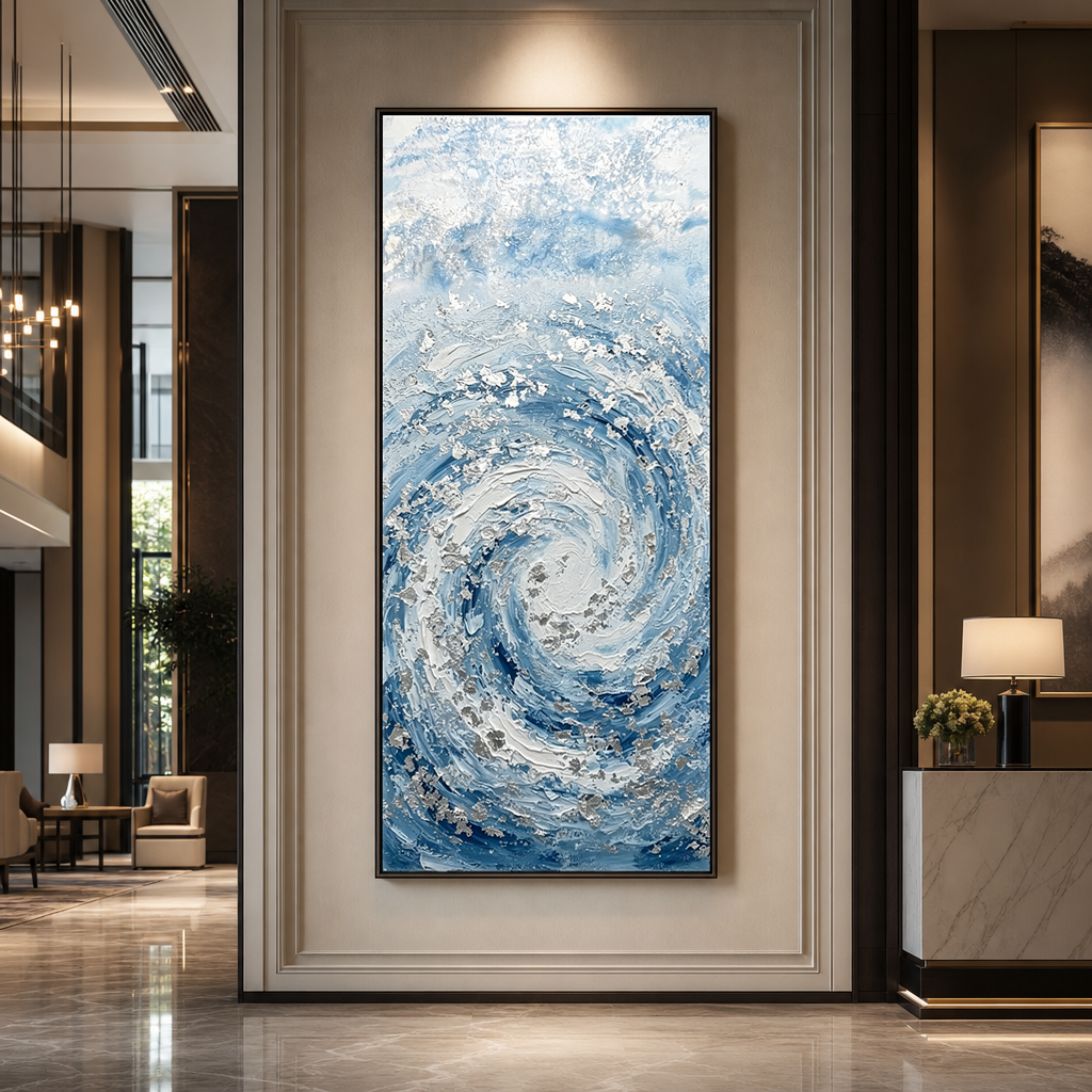 Modern Abstract Blue White Textured Ocean Swirl Impasto Wall Art Coastal Framed Canvas Painting for Living Room Bedroom Office Hallway Dining Room Thick Knife Brush Marks Relaxing Nautical Decor