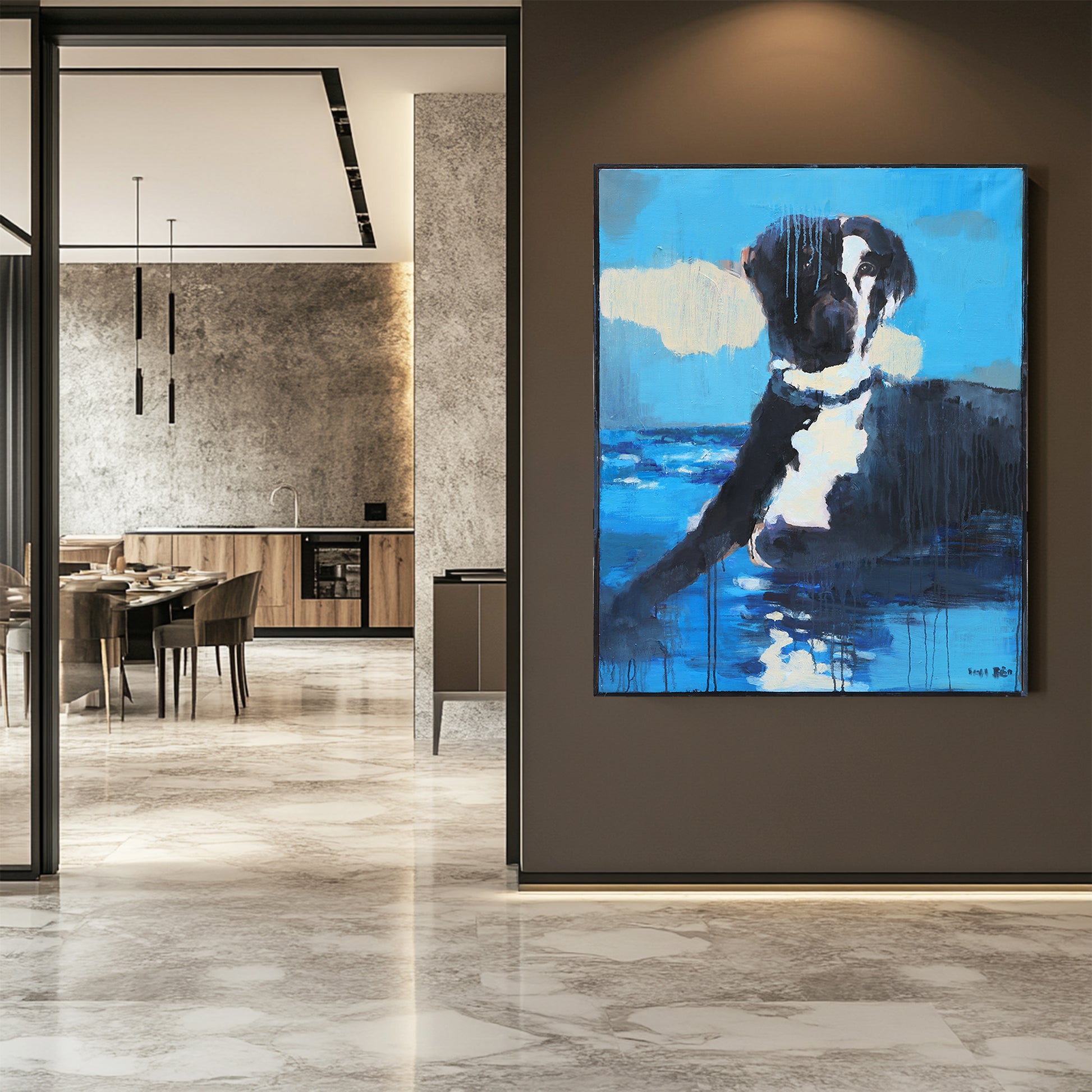 Animal Wall Art | Blue And Black Wall Art | Dog On Painting | Modern Abstract Art #DF040