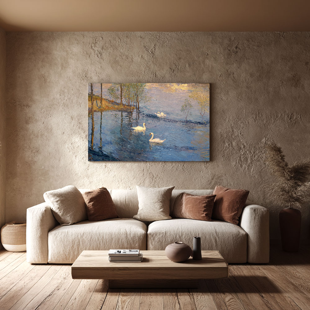 Vintage Blue Lake Swan Sunset Painting | Hand-Painted Impasto Canvas