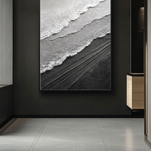 Black and White Abstract Textured Ocean Wave Wall Art Minimalist Monochrome Thick Knife Paint Coastal Scene Canvas Artwork for Modern Home Decor