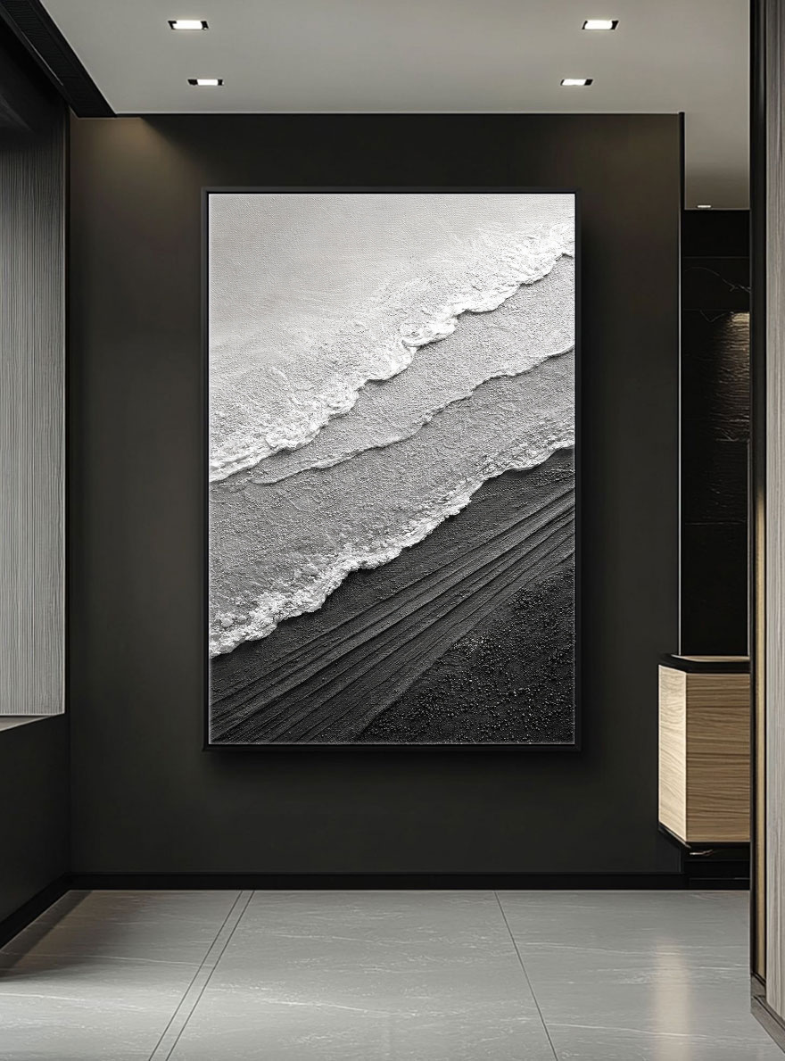 Black and White Abstract Textured Ocean Wave Wall Art Minimalist Monochrome Thick Knife Paint Coastal Scene Canvas Artwork for Modern Home Decor