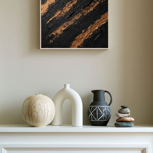 Black and Gold Abstract Impasto Textured Wall Art, Luxury Thick Paint Stacking Knife Marks Diagonal Lines Artwork, Modern Minimalist Canvas Decor for Office Hallway Dining Room Bedroom Living Room