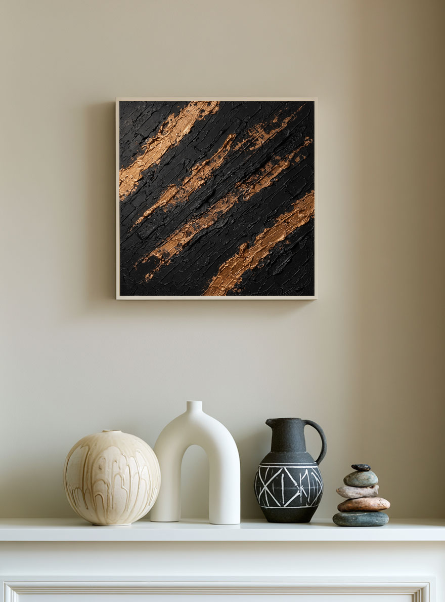 Black and Gold Abstract Impasto Textured Wall Art, Luxury Thick Paint Stacking Knife Marks Diagonal Lines Artwork, Modern Minimalist Canvas Decor for Office Hallway Dining Room Bedroom Living Room
