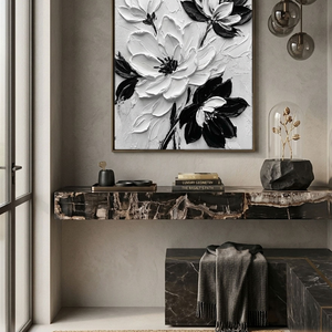 Black and White Textured Floral Wall Art Abstract Thick Paint Impasto Flower Painting Modern 3D Floral Artwork for Living Room Bedroom Dining Room Office Home Decor