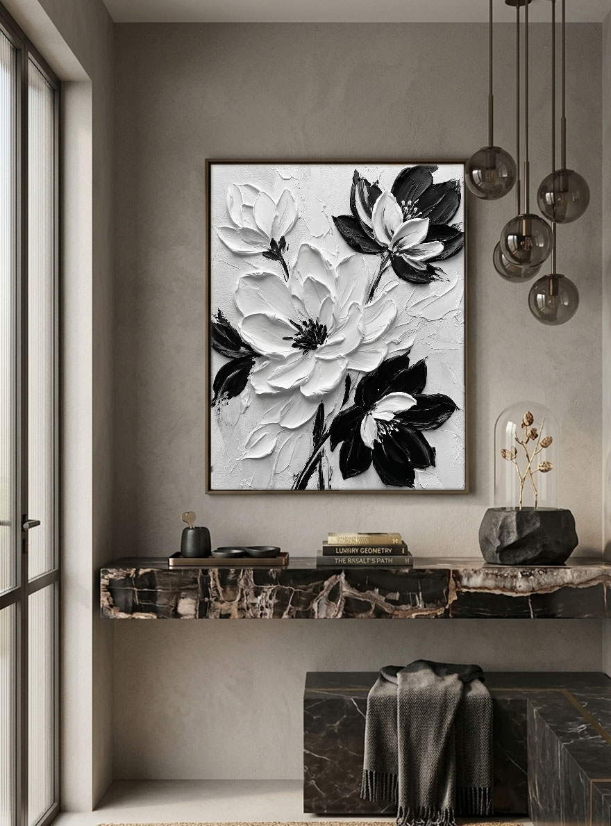 Black and White Textured Floral Wall Art Abstract Thick Paint Impasto Flower Painting Modern 3D Floral Artwork for Living Room Bedroom Dining Room Office Home Decor